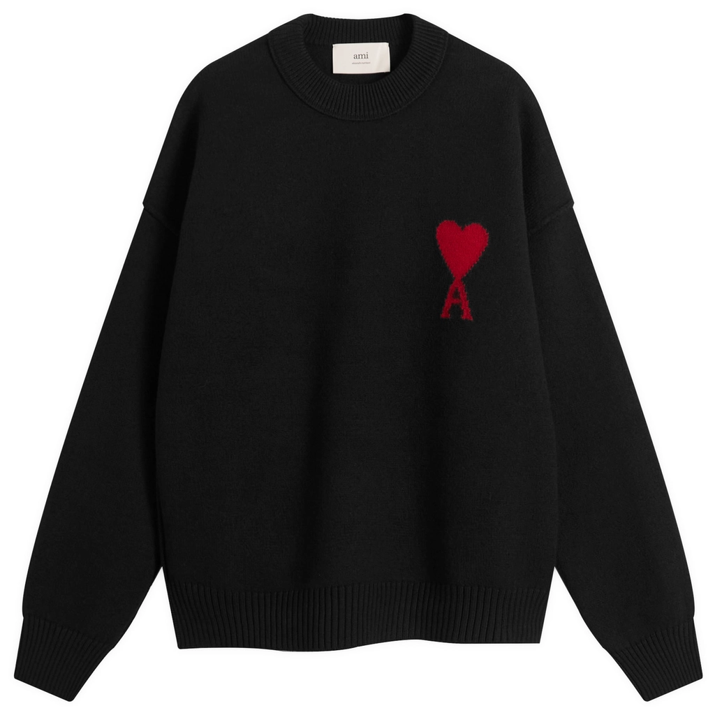 AMI Paris Men's Felted Merino Wool Knit ADC Crew Neck Jumper Noir/Rouge